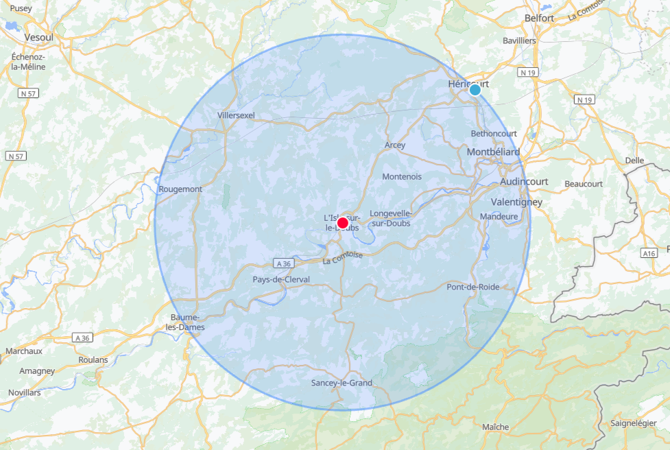 Carte 30 kms autour de l'Isle sur le doubs